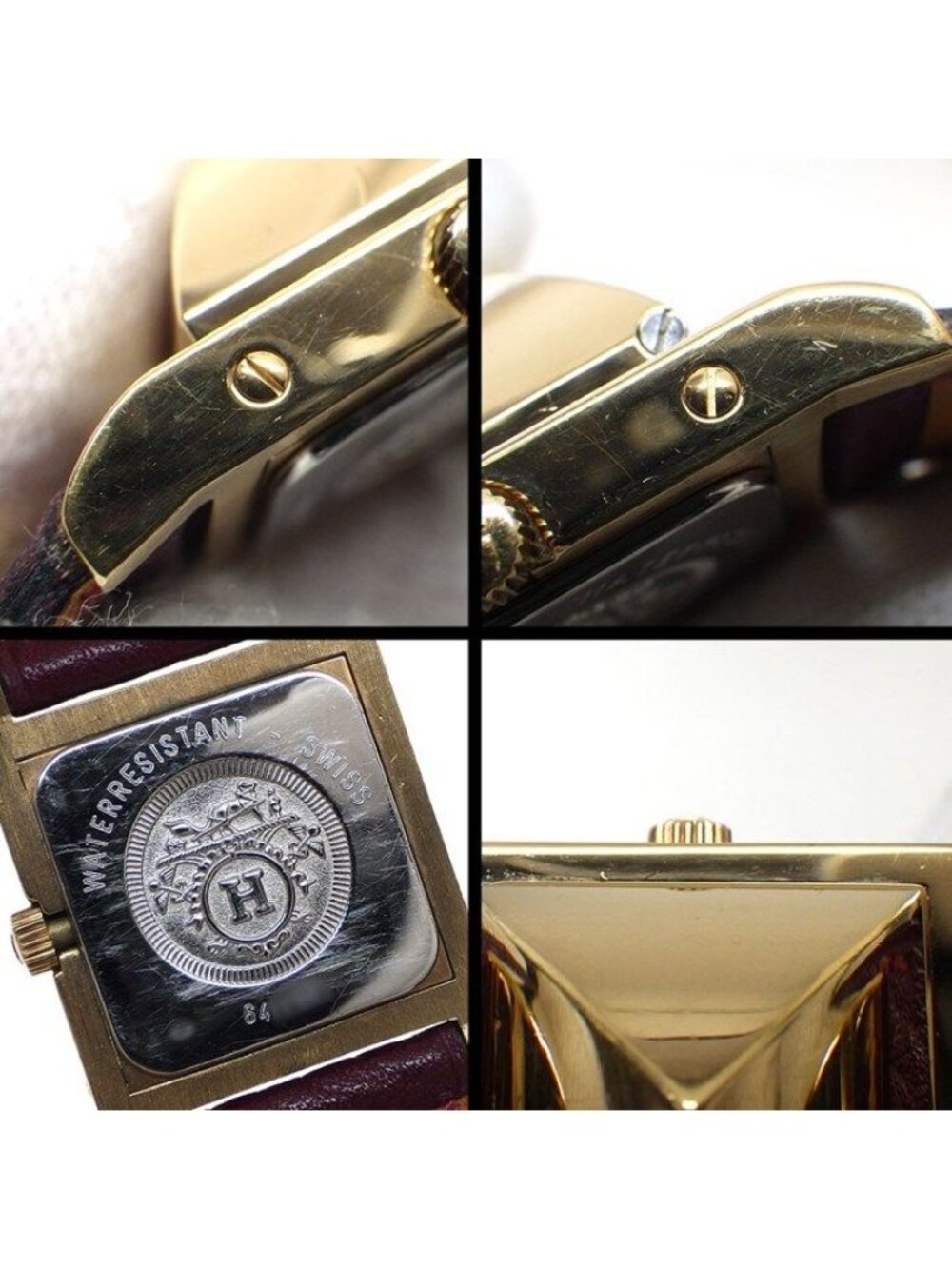Hermes Watch Medallion Studs Square White Dial Red Leather Quartz Analog - Picture 8 of 12